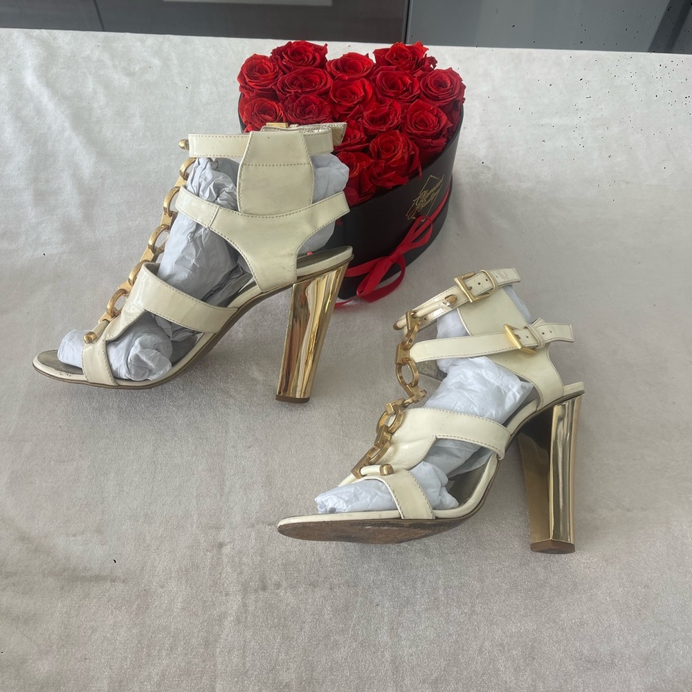 Roberto Cavalli White and Gold Heeled Sandals